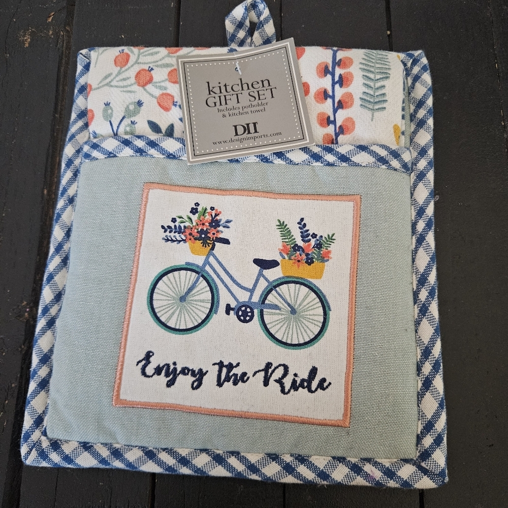 DII NWT Kitchen Gift Set Hot Pad Tea Towel Enjoy the Ride Bike Floral Pink Blue